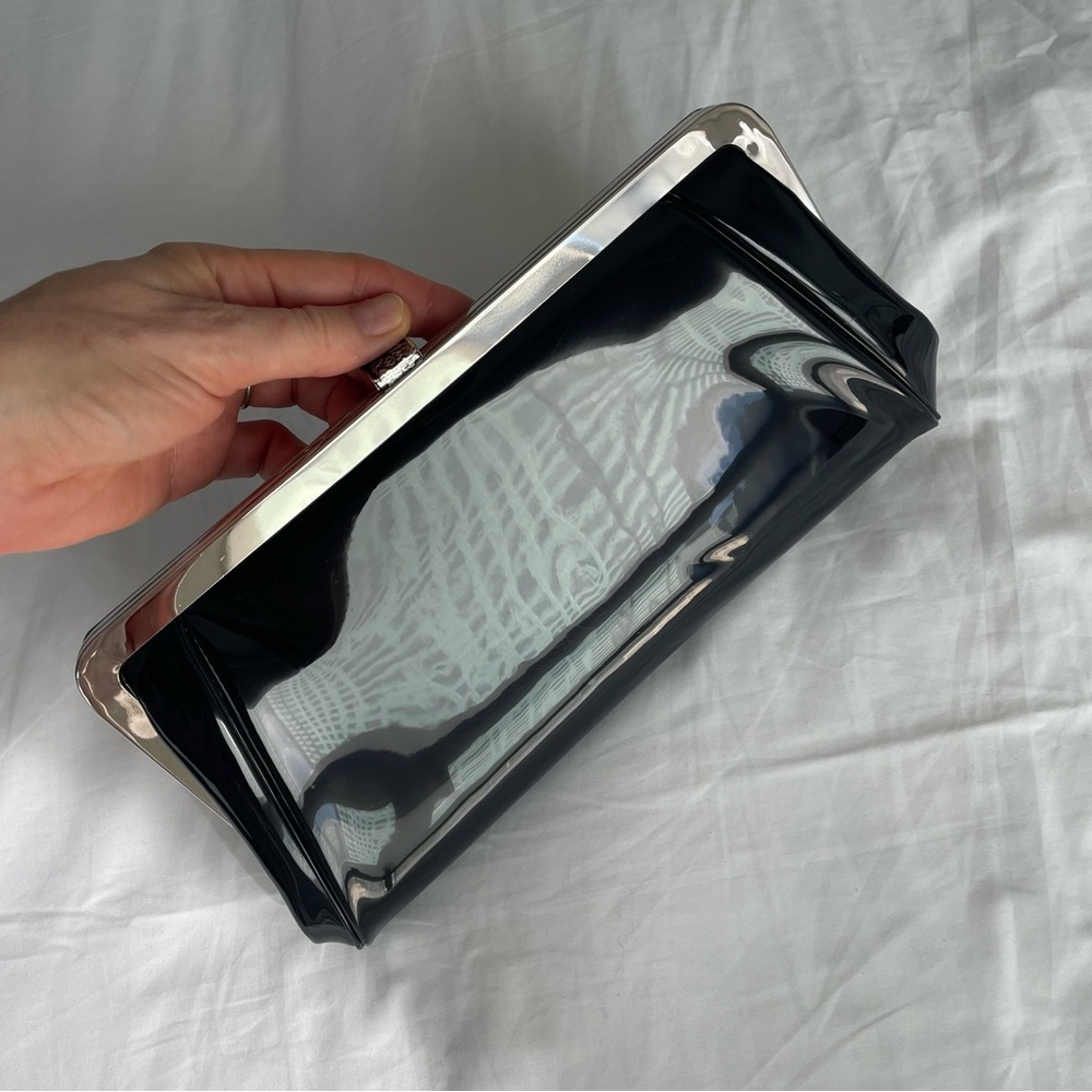 Vintage Black Patent Leather Vinyl Floral Clutch Evening Bag - Picture 9 of 13